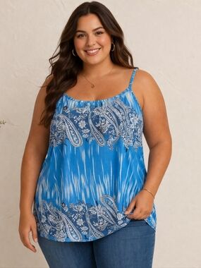 2/25$ New Tropical Blue Paisley Boho Camisole Top -Spaghetti Strap-Plus Size 4X